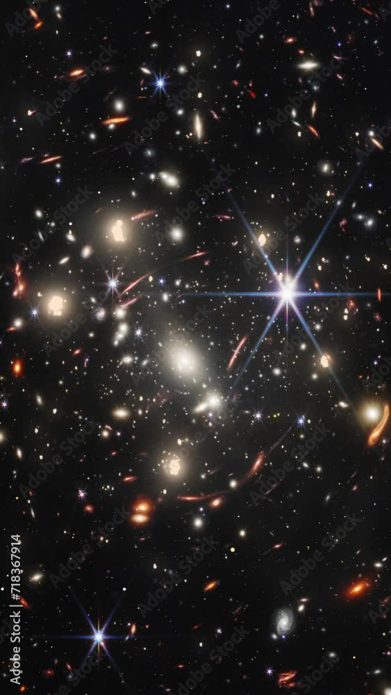 Deep space travel to far away galaxies. Part of the first image from NASA's James Webb Space Telescope has been used. CREDITS: NASA, ESA, CSA, and STScI. Vertical design for smartphone. 