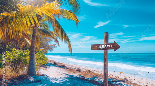 Sign pointing to the direction of vacation destination with scenic beach and ocean