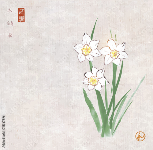 Ink painting of daffodiles on vintage background. Traditional oriental ink painting sumi-e, u-sin, go-hua. Hieroglyphs - eternity, freedom, happiness, harmony © elinacious