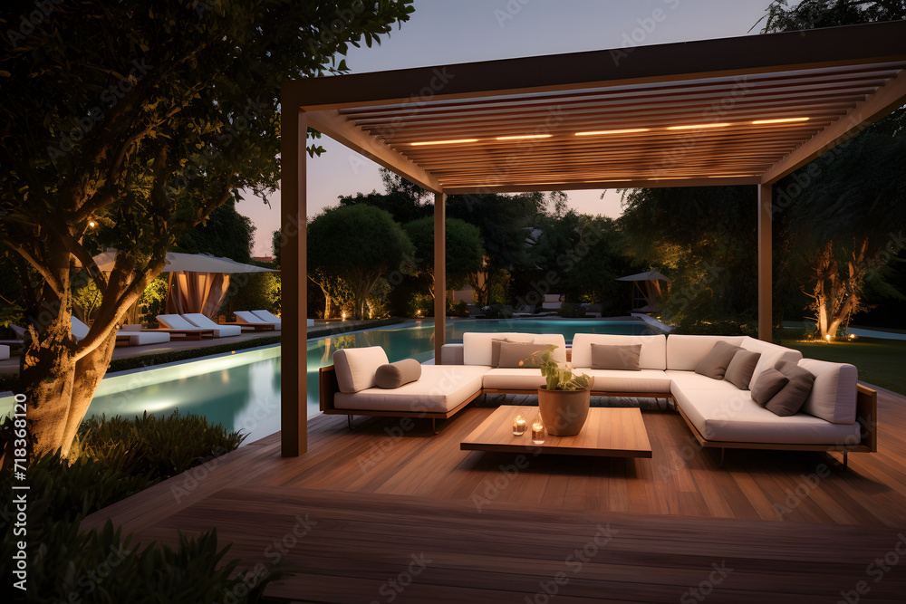 modern garden at morning with chairs and couches by the pool created with Generative AI