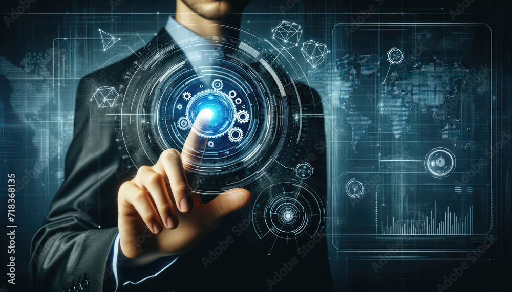 A businessman touches a high-tech holographic interface displaying gears and data analytics, symbolizing modern business solutions. A businessman touches a high-tech holographic interface displaying gears and data analytics, symbolizing modern business solutions.