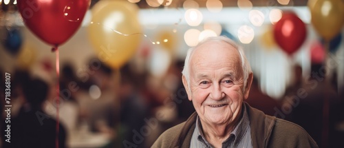 Portrait of senior man with birthday cake and colorful balloons at birthday party. Birthday concept with copy space. Birthday cake. Birthday Celebration.
