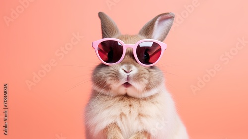 funny rabbit in sunglasses with mouse opened over pink background