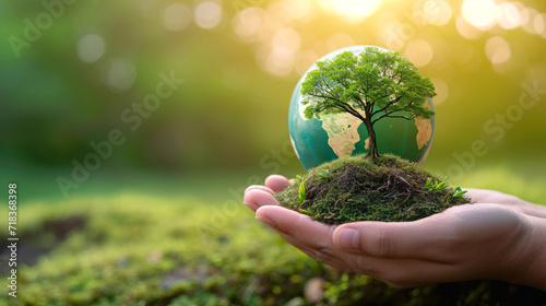 Human hand gently cradling a lush green miniature Earth adorned with a single tree, symbolizing ESG, CO2 reduction, and the quest for net zero photo