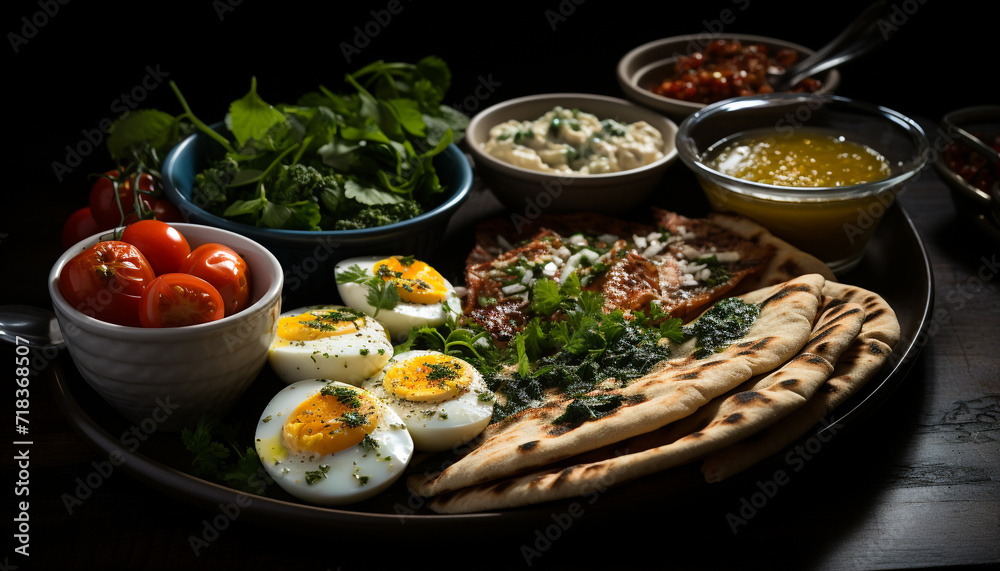Freshness on plate grilled meat, gourmet salad, healthy eating generated by AI Freshness on plate grilled meat, gourmet salad, healthy eating generated by AI