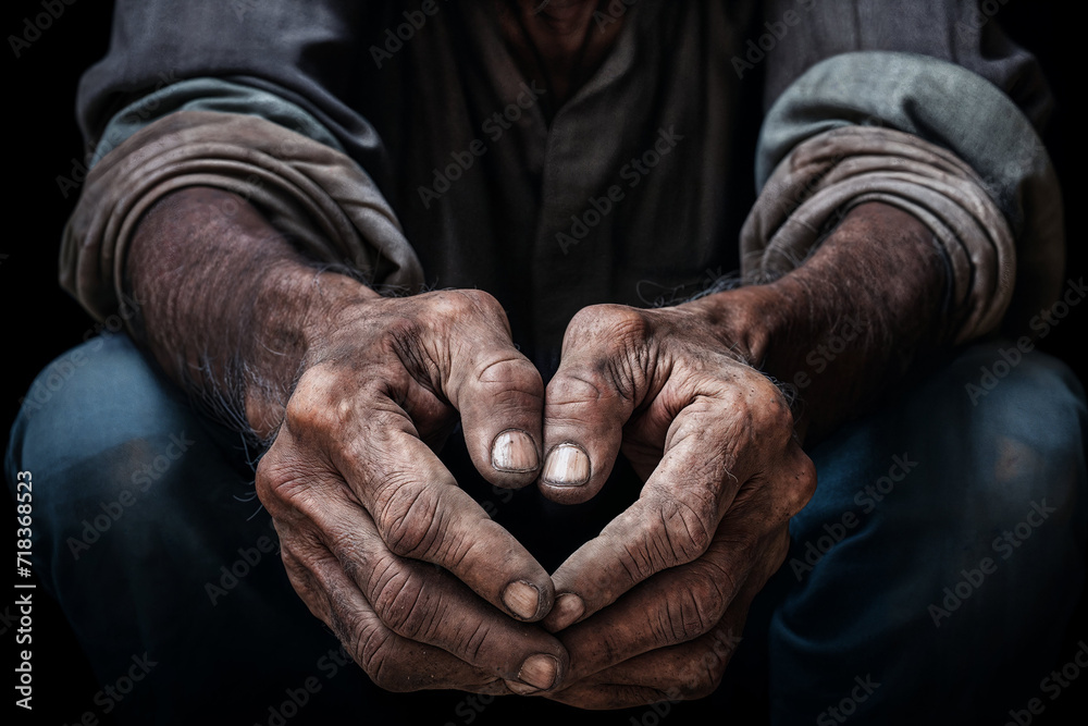 Fototapeta premium Closeup of a homeless man's old and dirty hands