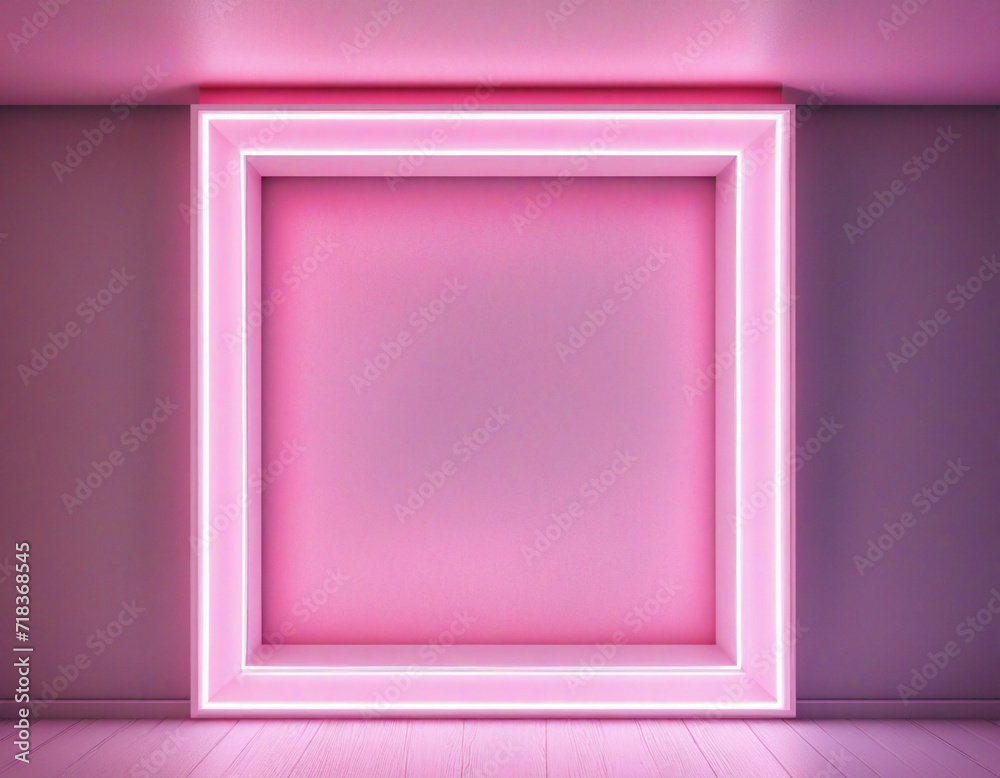 Abstract geometric design with neon square frame and glowing stormy cloud in pink and blue light. Abstract geometric design with neon square frame and glowing stormy cloud in pink and blue light.