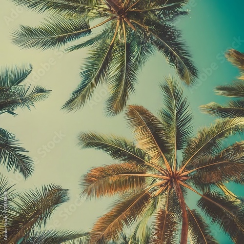 Blue sky and palm trees view from below, vintage style, tropical beach, and summer background © MMS