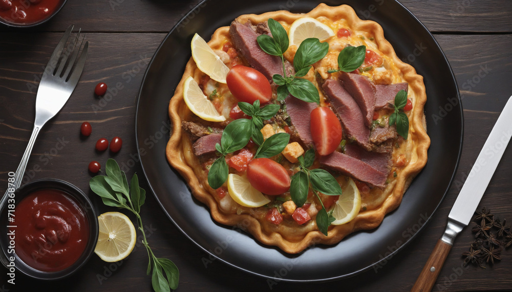 Gourmet meal freshly made on a rustic wooden table Gourmet meal freshly made on a rustic wooden table