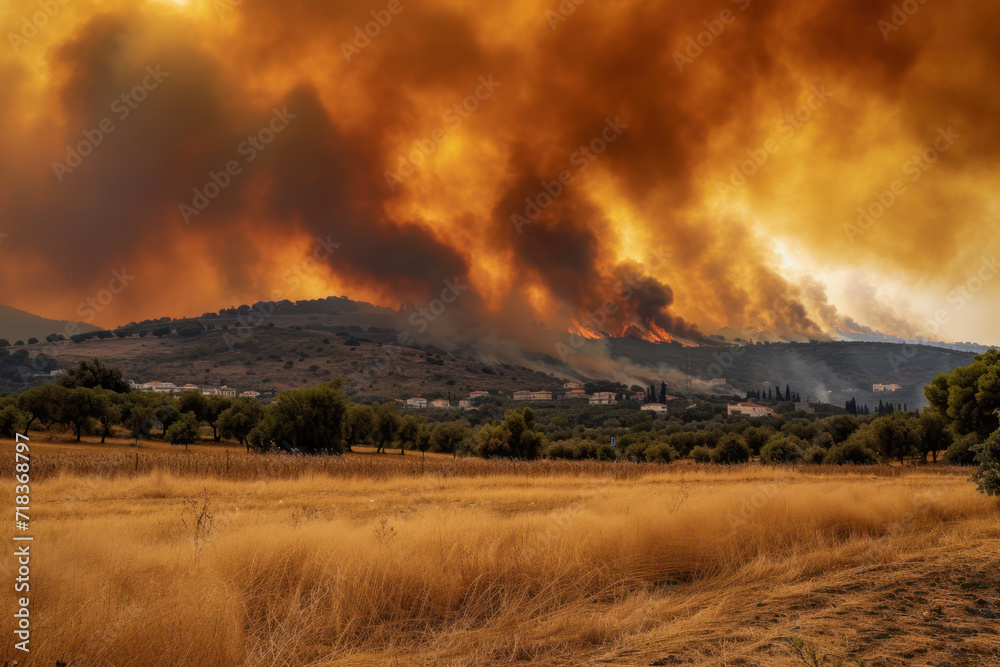 Wildfires tear through countryside close to Athens in Greece. grass and rural farmland is dry from extreme hot and dry weather global warming due to climate change