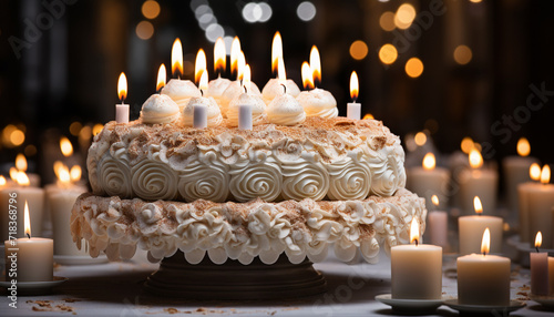 Burning candle illuminates sweet birthday cake, creating a glowing celebration generated by AI