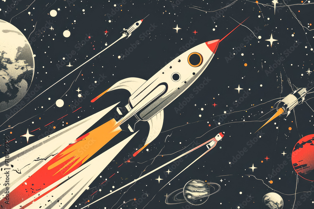 futuristic and space-themed design with rocket ships and planets futuristic and space-themed design with rocket ships and planets