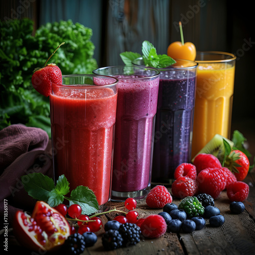 set of smoothies of different colors. Food photography of vegetable and berry smoothies. Proper nutrition, detox.