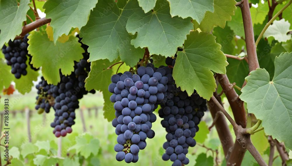 Golden hour fruit farm with natural grape branches on blurred orchard backdrop