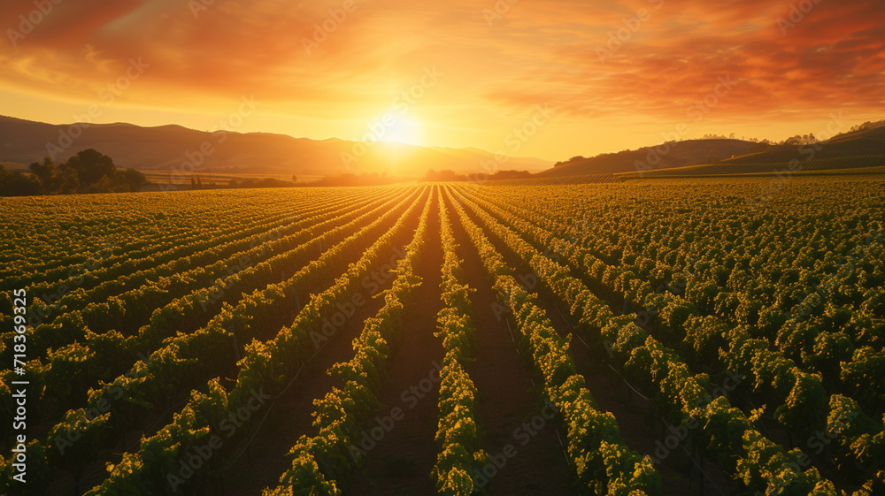 Rows of plants and crops at sunset, concept of farming and agriculture 