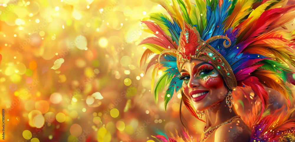 Smiling woman in vibrant Brazilian carnival mask with colorful feathers and glitter makeup