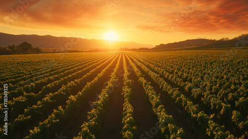 Rows of plants and crops at sunset, concept of farming and agriculture 