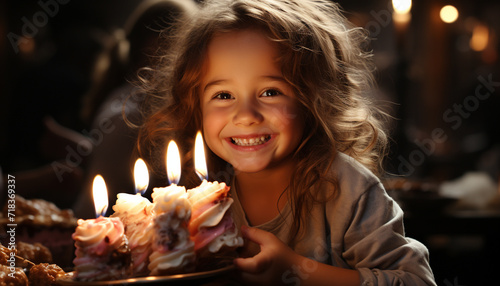 Smiling child holds candle, enjoys birthday party with family generated by AI
