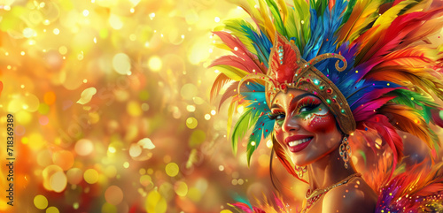 Smiling woman in vibrant Brazilian carnival mask with colorful feathers and glitter makeup