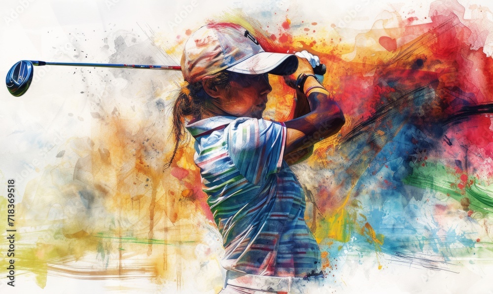 Fototapeta premium women golfer play ball illustration watercolor painting Generative AI