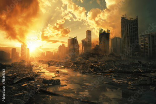 Large destruction of cities as a result of the tsunami. Destruction of a big city after natural disasters