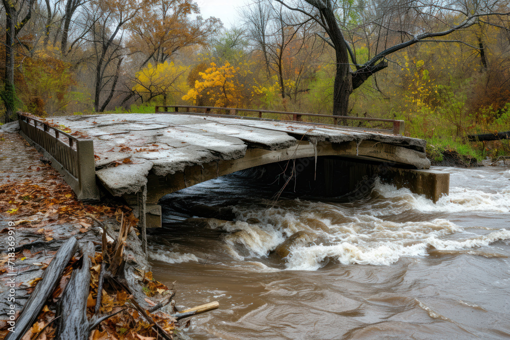 Flooding river creek destroyed a bridge after heavy rain flood water shows the forces of nature and the need for insurance against dangerous weather, windstorms, cyclones, tornados and hurricanes Flooding river creek destroyed a bridge after heavy rain flood water shows the forces of nature and the need for insurance against dangerous weather, windstorms, cyclones, tornados and hurricanes