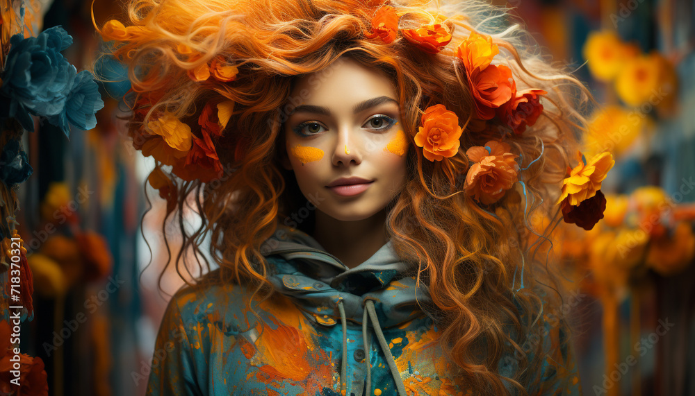 Smiling young woman in autumn, beauty and elegance generated by AI