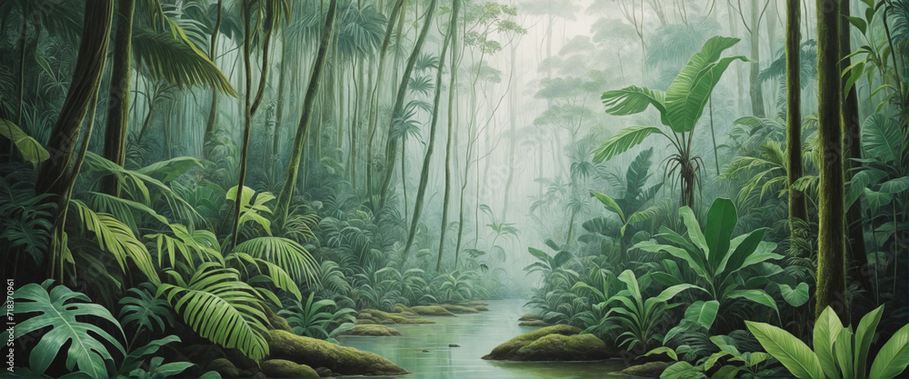 Rainforest, ecology, nature, bio-diversity background. Water color drawing of tropical rain forest. Extra wide format, hand edited generative ai.
 - obrazy, fototapety, plakaty 