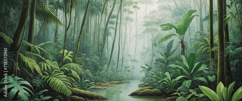 Tropical Rainforest Eco-Nature Watercolor Drawing - Wide Format, Hand-Edited Generative Illustration photo