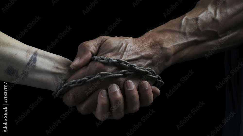  a close up of a person holding another person's hand with a chain attached to the arm of another person.
