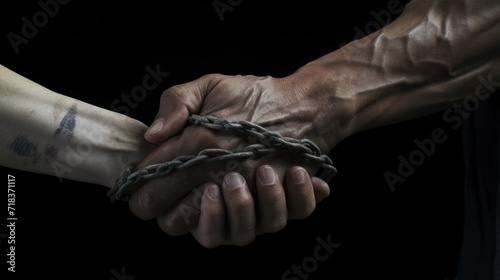  a close up of a person holding another person's hand with a chain attached to the arm of another person.