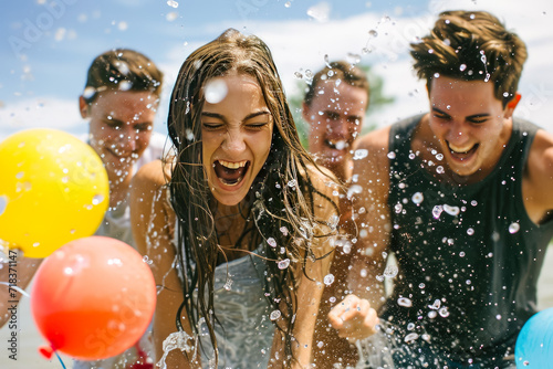 group of friends having a water balloon fight and laughing hysterically photo