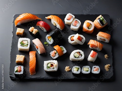 Delicious sushi rolls. Japanese seafood. Sushi servings, preparation, display.
