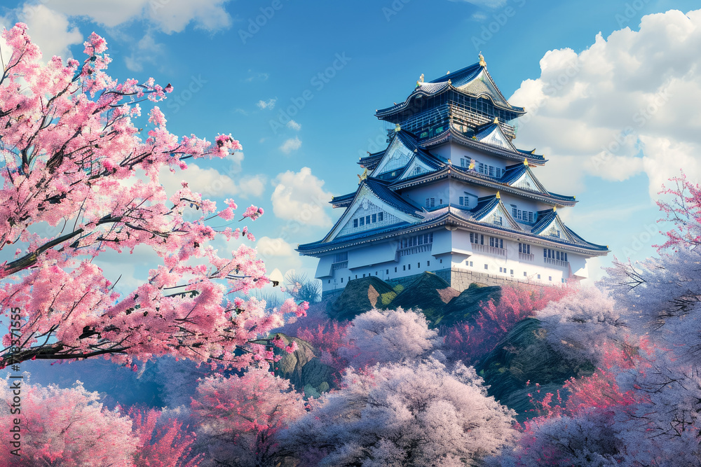 Obraz premium Japanese castle on a hill with cherry blossoms in the foreground