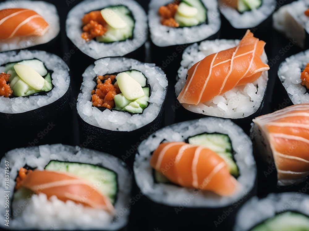 Delicious sushi rolls. Japanese seafood. Sushi servings, preparation, display.