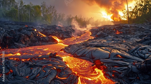 active lava from burning volcano on a mountain on fire with smoke