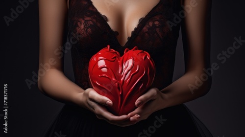  a woman in a black dress holding a red heart shaped object in front of her chest and a black background.