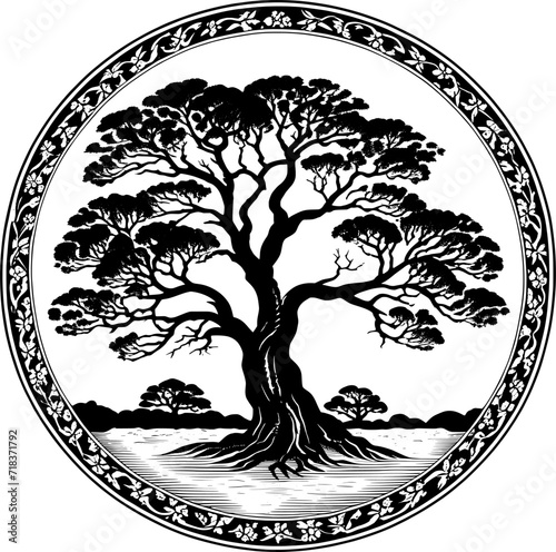 Circular silhouette of a majestic tree vector art style roots gripping tightly into the earth
