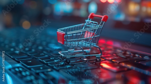 Illustration of internet shopping and online purchases concept, soft focus view of empty supermarket shopping cart on computer laptop keyboard background photo