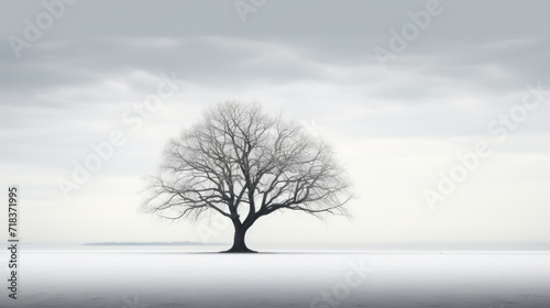  a lone tree stands alone in the middle of a frozen lake on a gloomy day with a gray sky in the background.