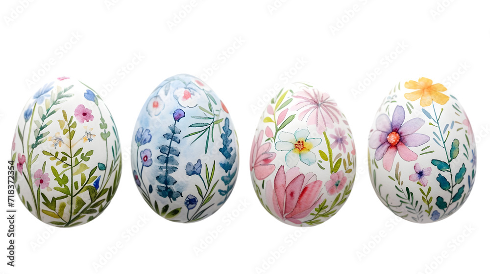 Easter Celebration with a Set of Colorful Painted Eggs Decorated in Watercolor Floral Style, Isolated on Transparent Background, PNG