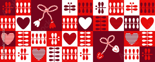 Festive horizontal banner with martisor talisman gift. Spring checkered print for cup, mug, postcard, sticker. Vector illustration.