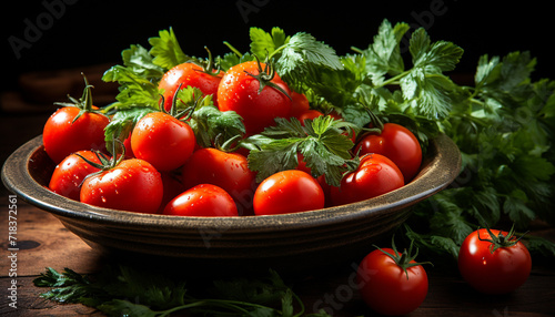 Fresh tomato salad, healthy and organic, on wooden table generated by AI