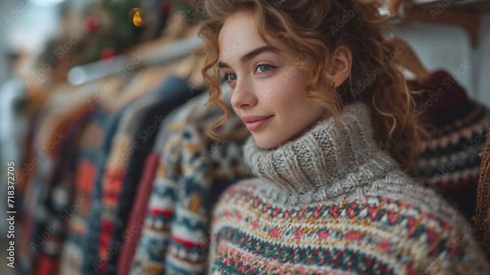 Fototapeta premium Cute attractive girl in warm cozy winter wool sweater