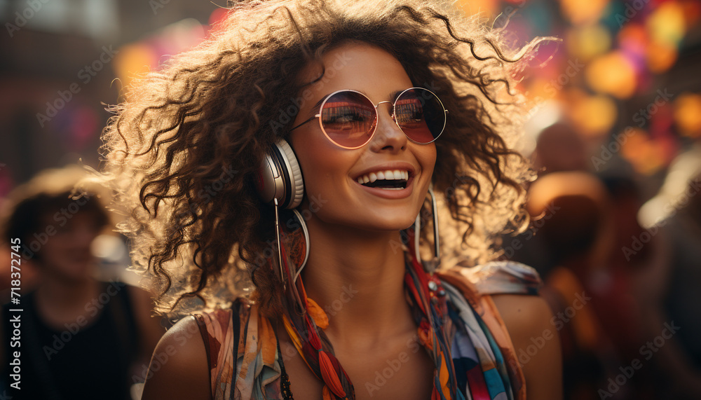 Young women enjoying music festival, dancing and smiling generated by AI