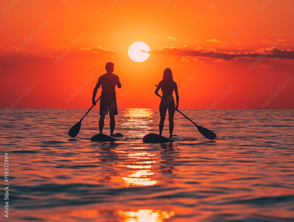 Silhouette of a couple man and woman riding paddleboards at sunset, active recreation in nature