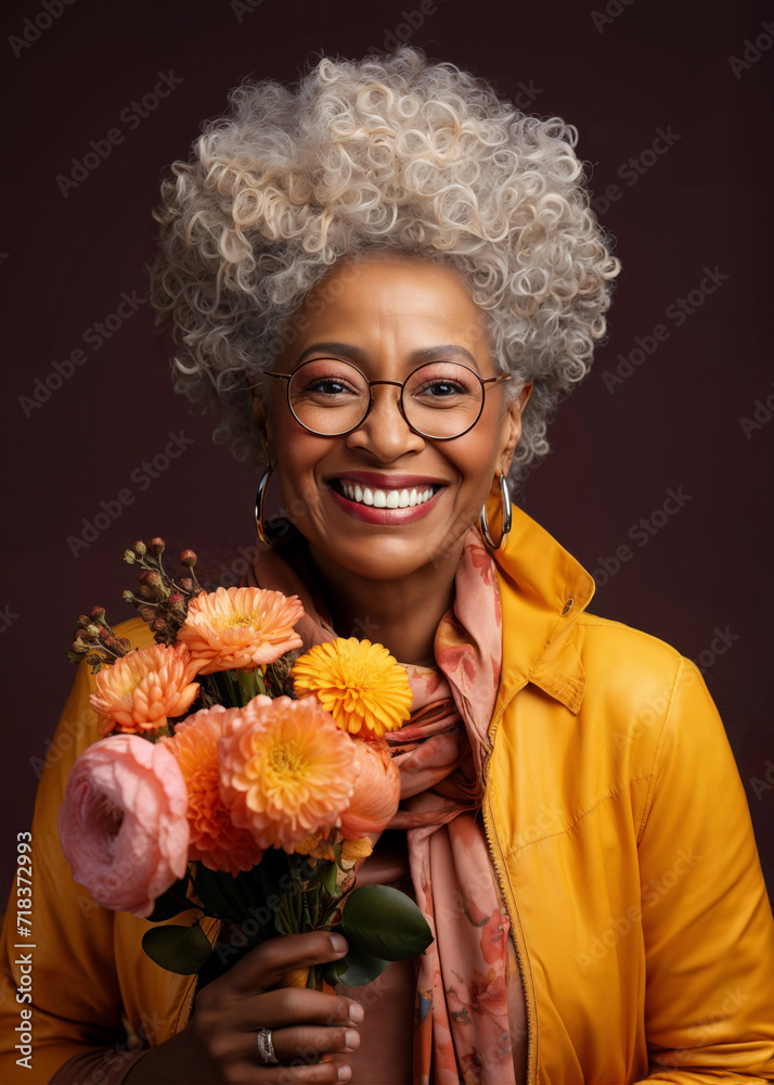 Confident mature afro-american woman with a colorful bouquet, smiling and happy in springtime Confident mature afro-american woman with a colorful bouquet, smiling and happy in springtime