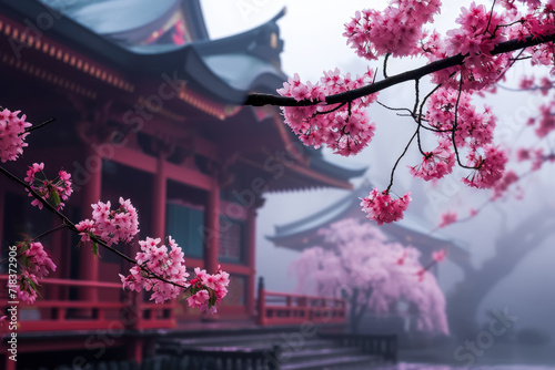 A Japanese temple with a cherry blossom tree in the foreground