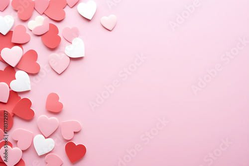 Many pink heart shaped confetti scratched on light rose background. Festive abstract backdrop. Romantic and love concept. Valentines day background for design greeting card, banner with copy space photo
