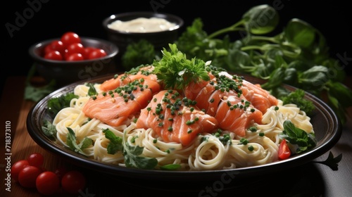 Spaghetti with smoked salmon and basil on a black plate, horizontal